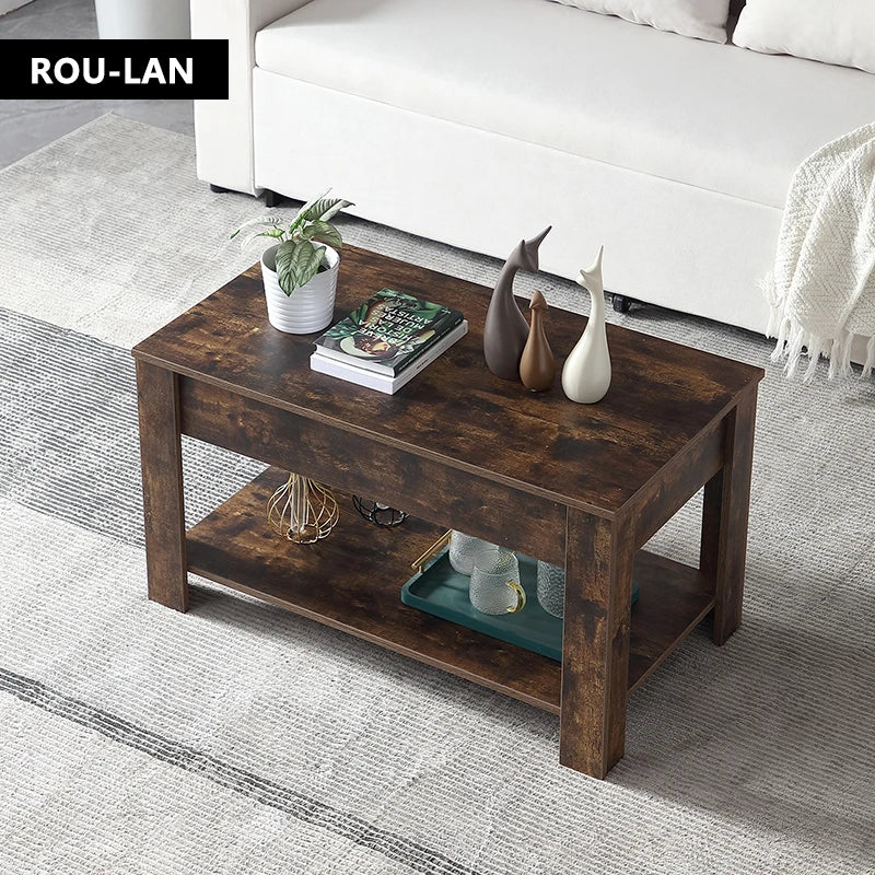 Wooden coffee table with storage and convertible into a desk.