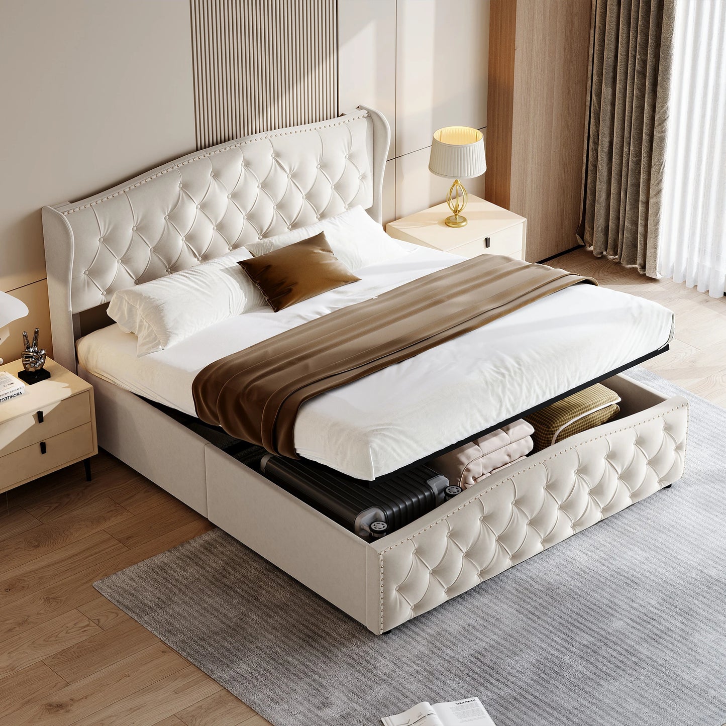 Lit coffre capitonné gris/beige, Moderne Double 160x200cm avec sommier à lattes.