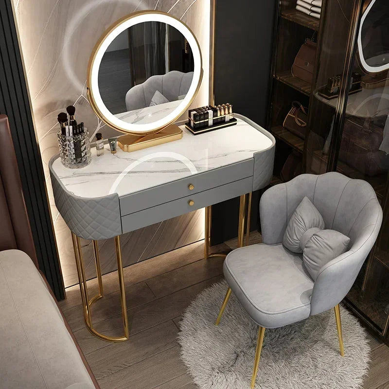Coiffeuse de luxe 80cm, 2 tiroirs, miroir LED et son fauteuil confortable.