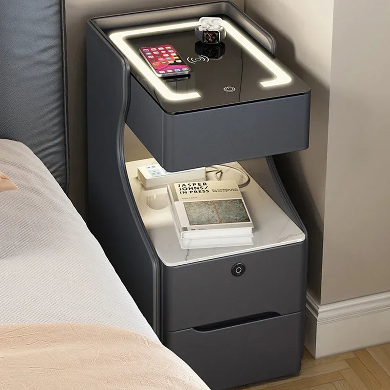 Table de chevet intelligente avec led et chargeur sans fil intégré. Meubles de Chambre.