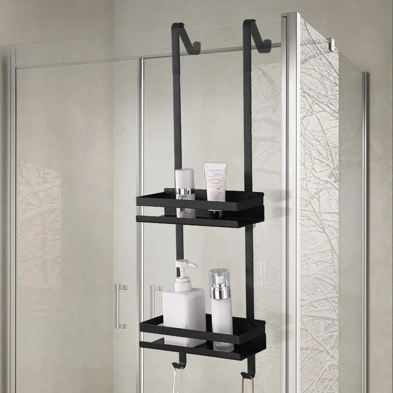 Bathroom organizer with 2 storage shelves. Stainless steel shower room rack organizer.