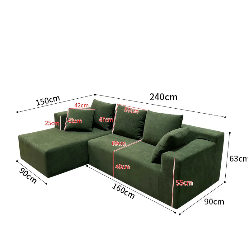 Canapé modulable 4 places vert kaki, 240cm avec coussins assortis.