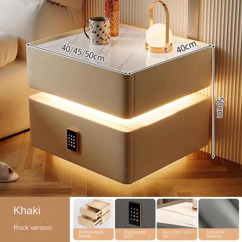 Smart bedside table with LED and wireless phone charging port.