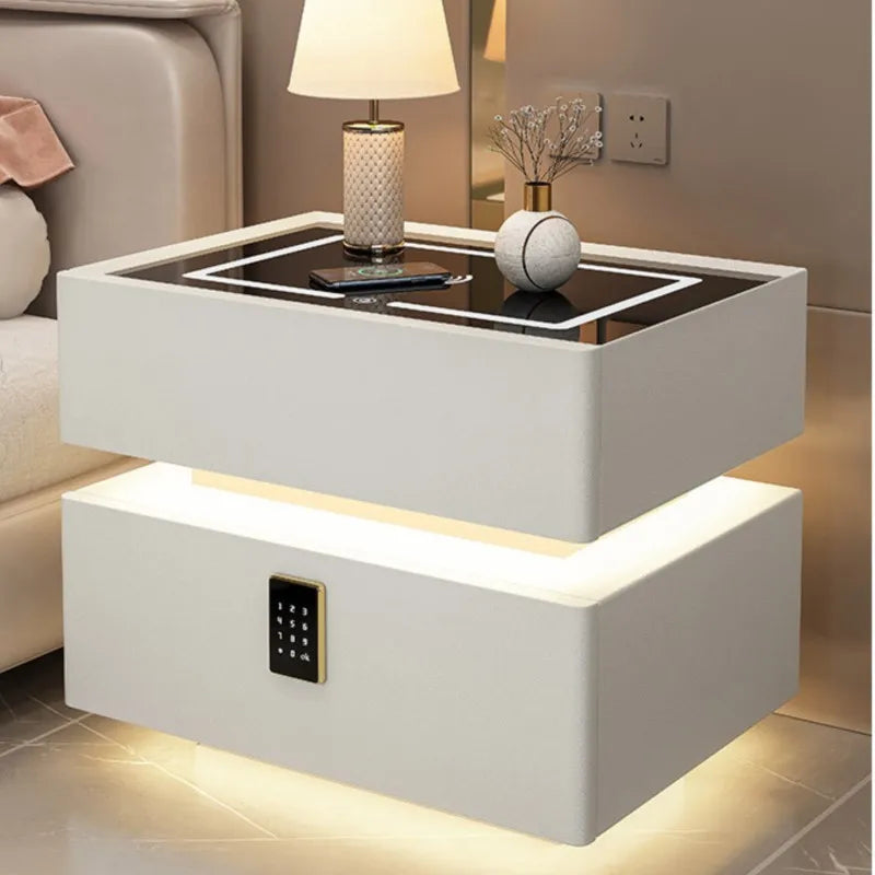 Smart bedside table with LED and wireless phone charging port.