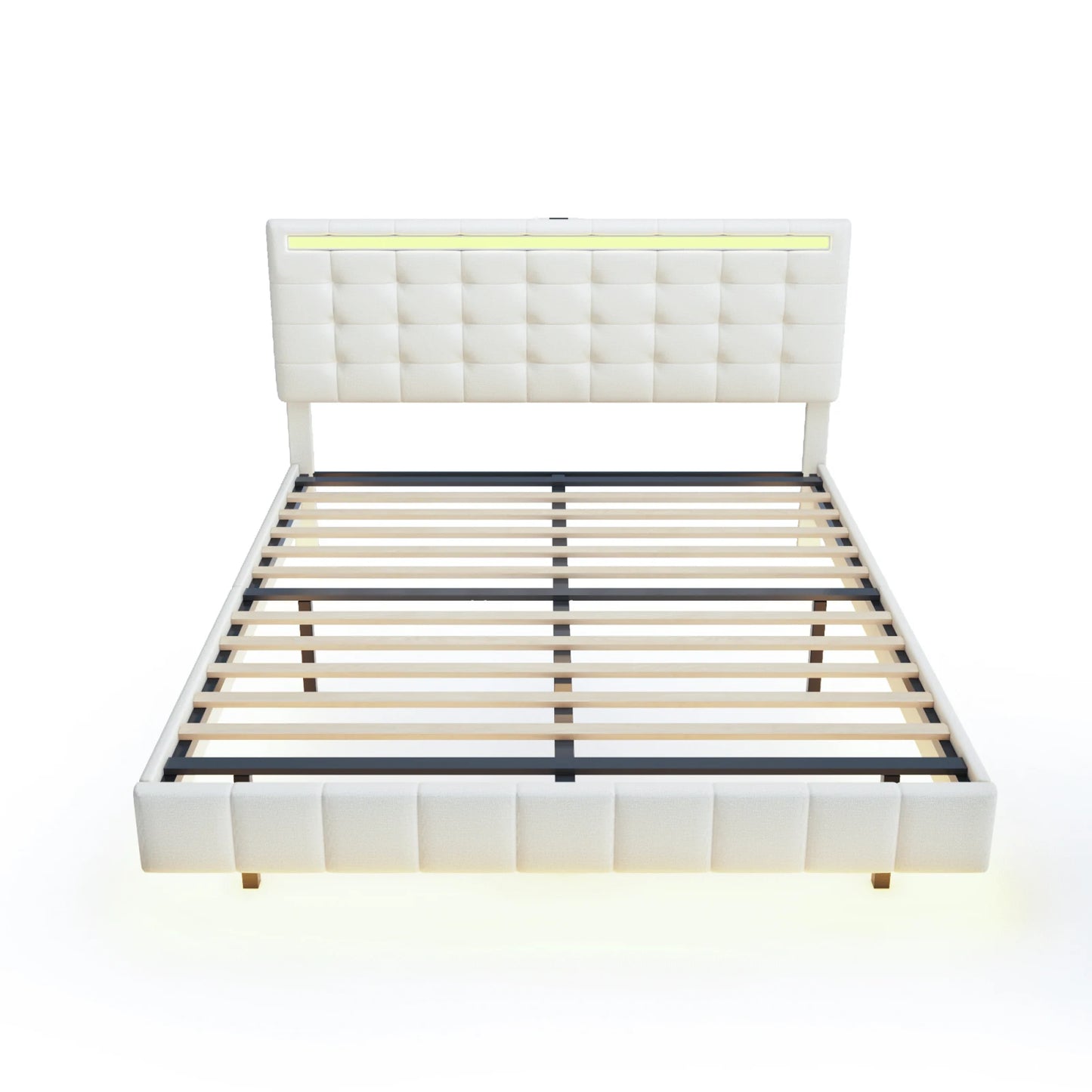 Lit double suspendu, effet velours avec sommier à lattes, 160x200cm, LED, port USB et haut parleurs intégré. Couleurs gris /beige.