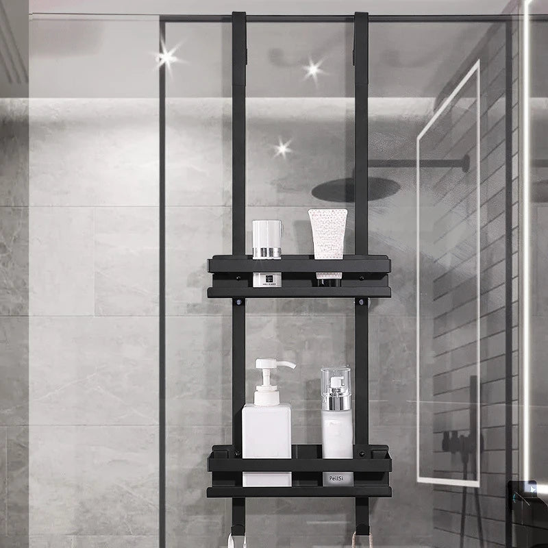 Bathroom organizer with 2 storage shelves. Stainless steel shower room rack organizer.