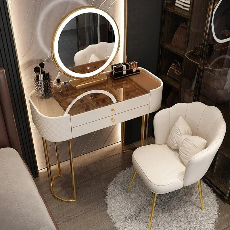 Coiffeuse de luxe 80cm, 2 tiroirs, miroir LED et son fauteuil confortable.