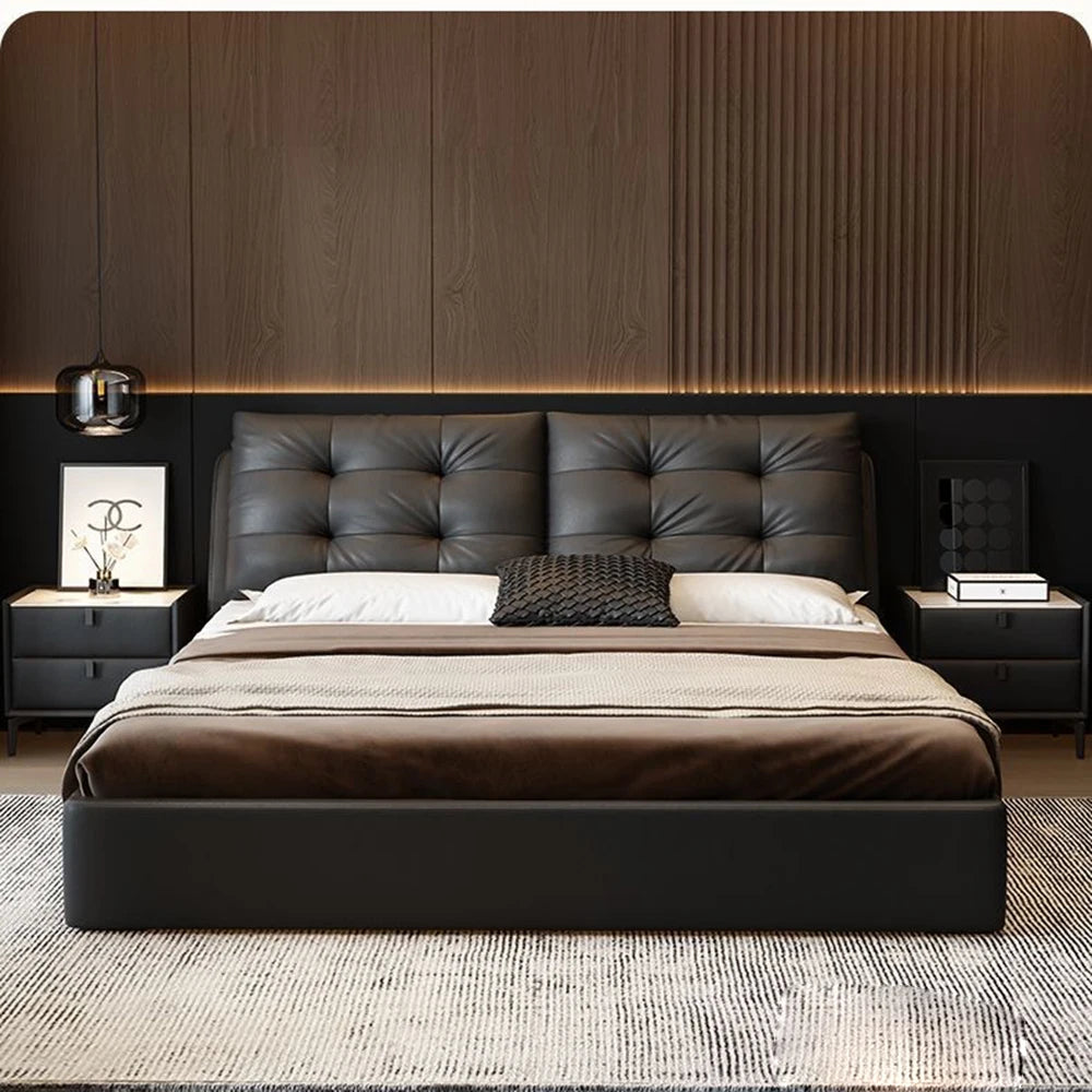 Luxury leather double bed, 180cm, with storage compartments and trunk.