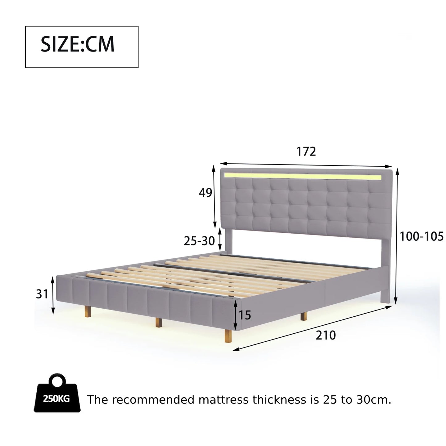 Lit double suspendu, effet velours avec sommier à lattes, 160x200cm, LED, port USB et haut parleurs intégré. Couleurs gris /beige.