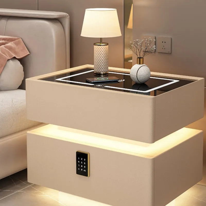 Smart bedside table with LED and wireless phone charging port.