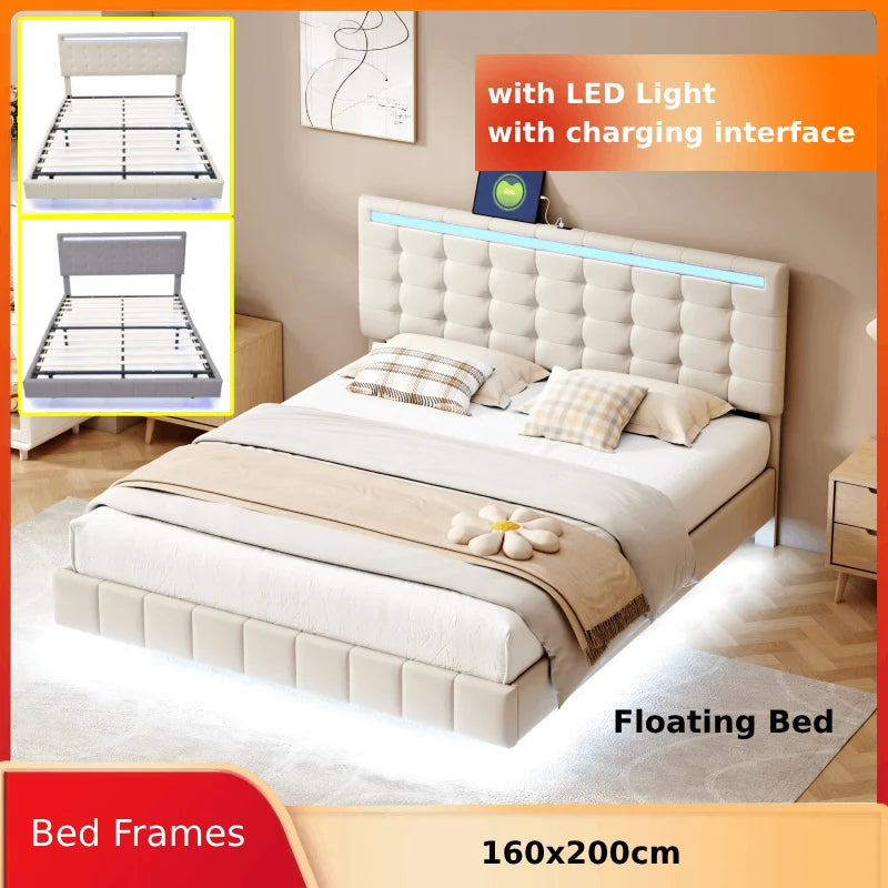 Lit double suspendu, effet velours avec sommier à lattes, 160x200cm, LED, port USB et haut parleurs intégré. Couleurs gris /beige.