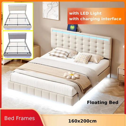 Lit double suspendu, effet velours avec sommier à lattes, 160x200cm, LED, port USB et haut parleurs intégré. Couleurs gris /beige.