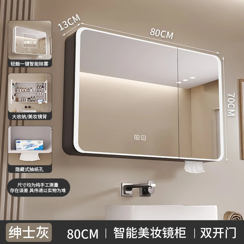Miroir de salle de bain intelligent avec LED, 80cm avec placards de rangement .