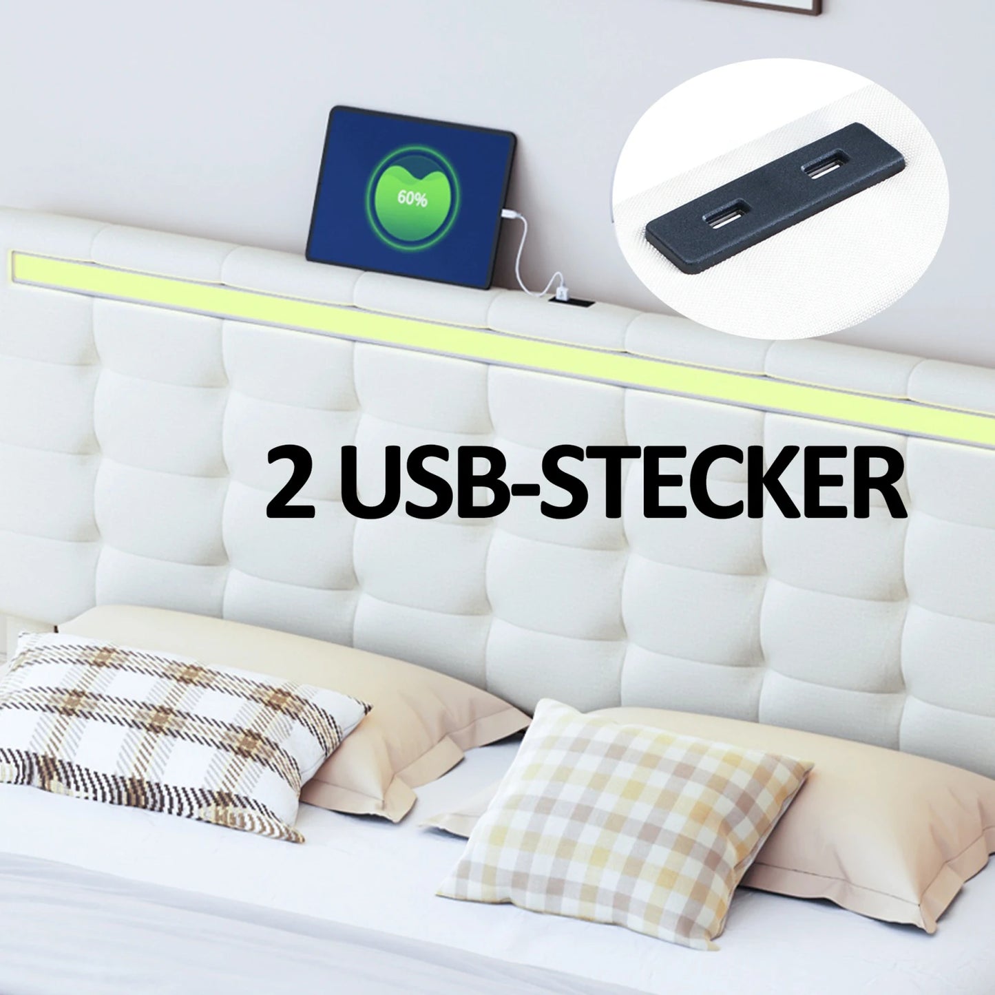 Lit double suspendu, effet velours avec sommier à lattes, 160x200cm, LED, port USB et haut parleurs intégré. Couleurs gris /beige.