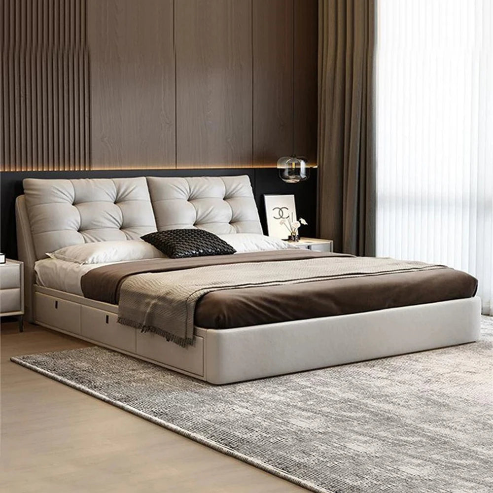 Luxury leather double bed, 180cm, with storage compartments and trunk.