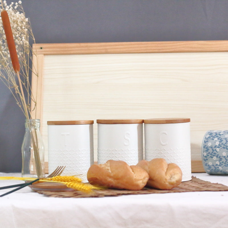 Boite de rangement pour condiments en Bambou. Bamboo Lid Round Can Kitchen Snack Candy Storage Box.