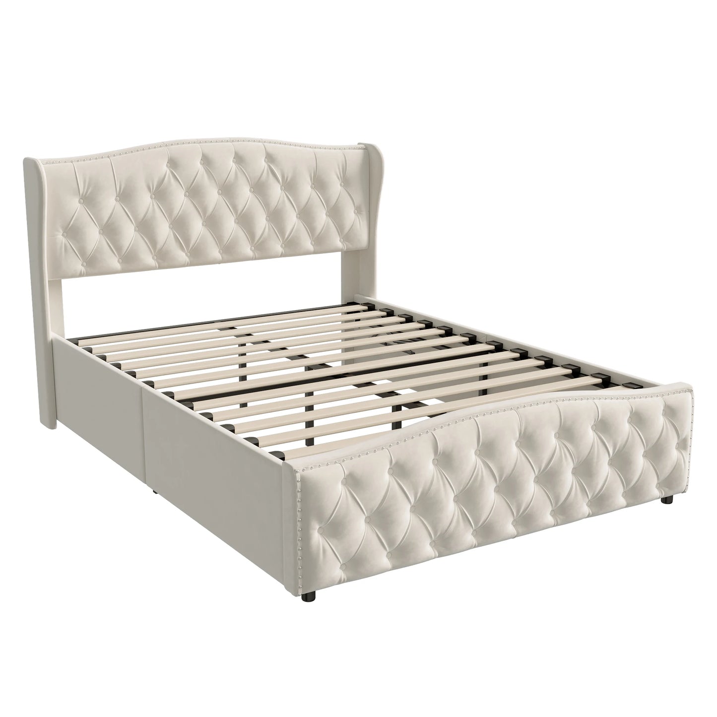 Lit coffre capitonné gris/beige, Moderne Double 160x200cm avec sommier à lattes.