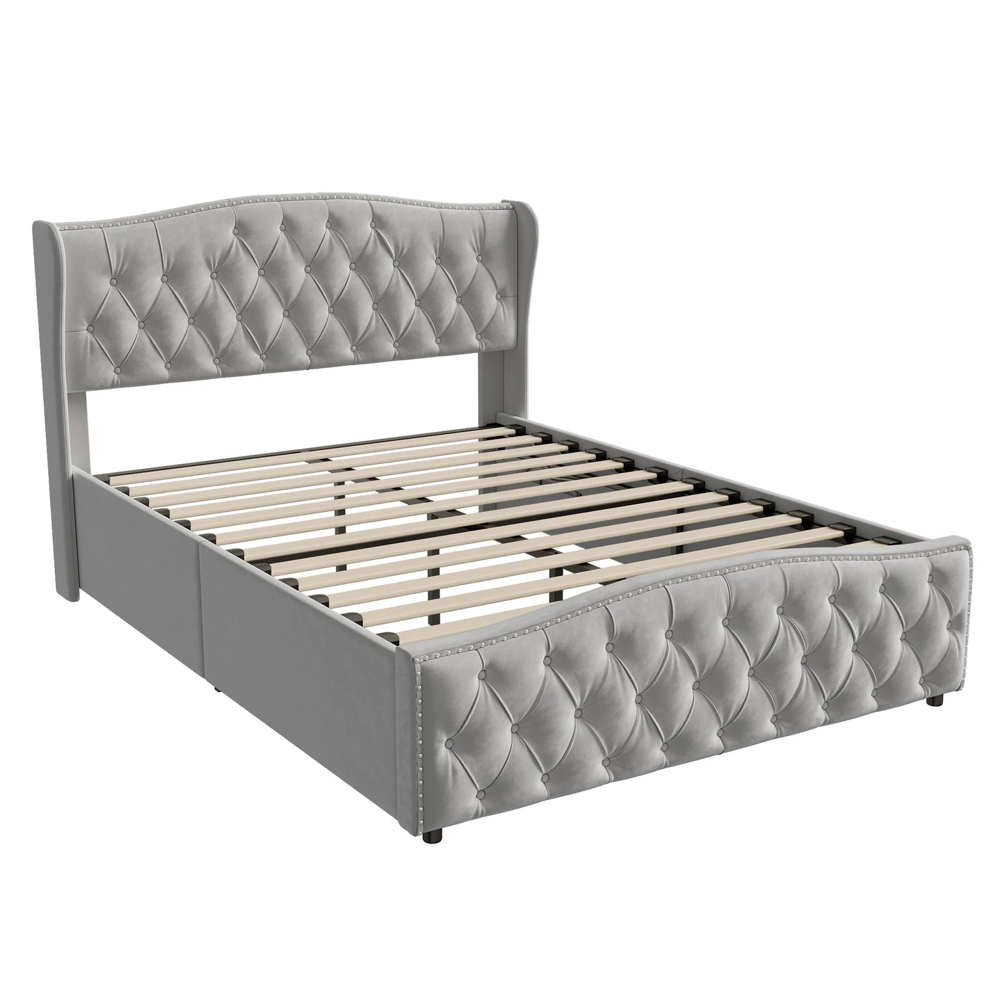 Lit coffre capitonné gris/beige, Moderne Double 160x200cm avec sommier à lattes.