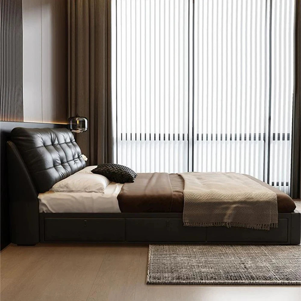 Luxury leather double bed, 180cm, with storage compartments and trunk.