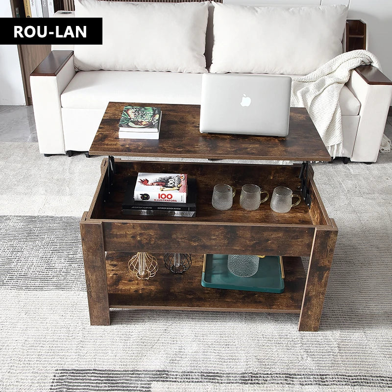 Wooden coffee table with storage and convertible into a desk.