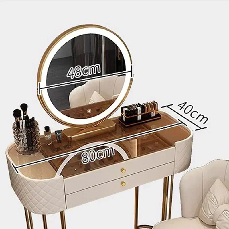Coiffeuse de luxe 80cm, 2 tiroirs, miroir LED et son fauteuil confortable.