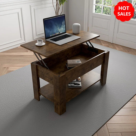 Table de salon en bois, avec rangements et convertible en bureau.