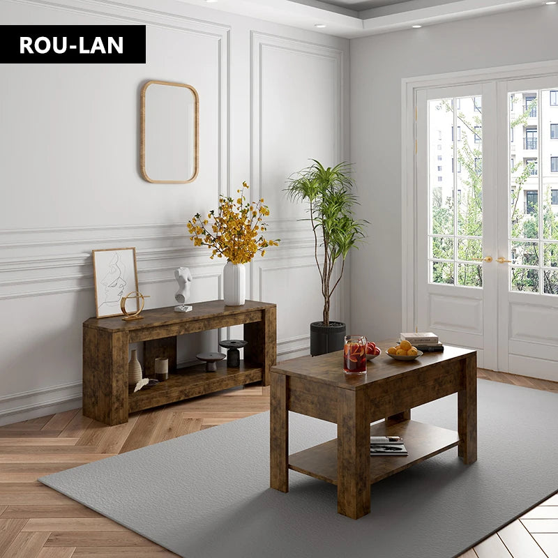 Wooden coffee table with storage and convertible into a desk.