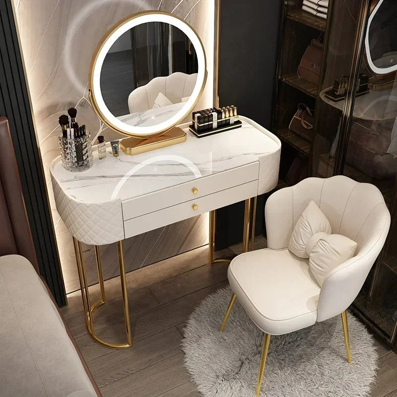Coiffeuse de luxe 80cm, 2 tiroirs, miroir LED et son fauteuil confortable.