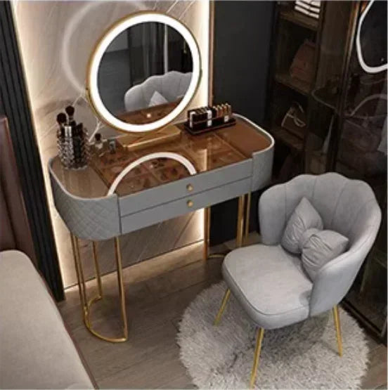 Coiffeuse de luxe 80cm, 2 tiroirs, miroir LED et son fauteuil confortable.