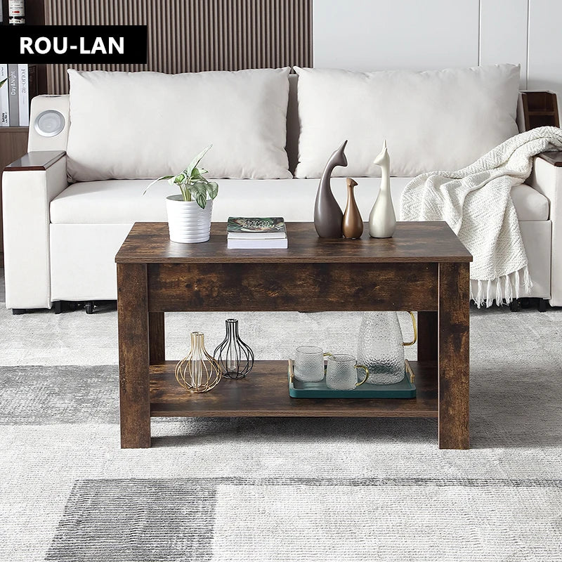 Wooden coffee table with storage and convertible into a desk.