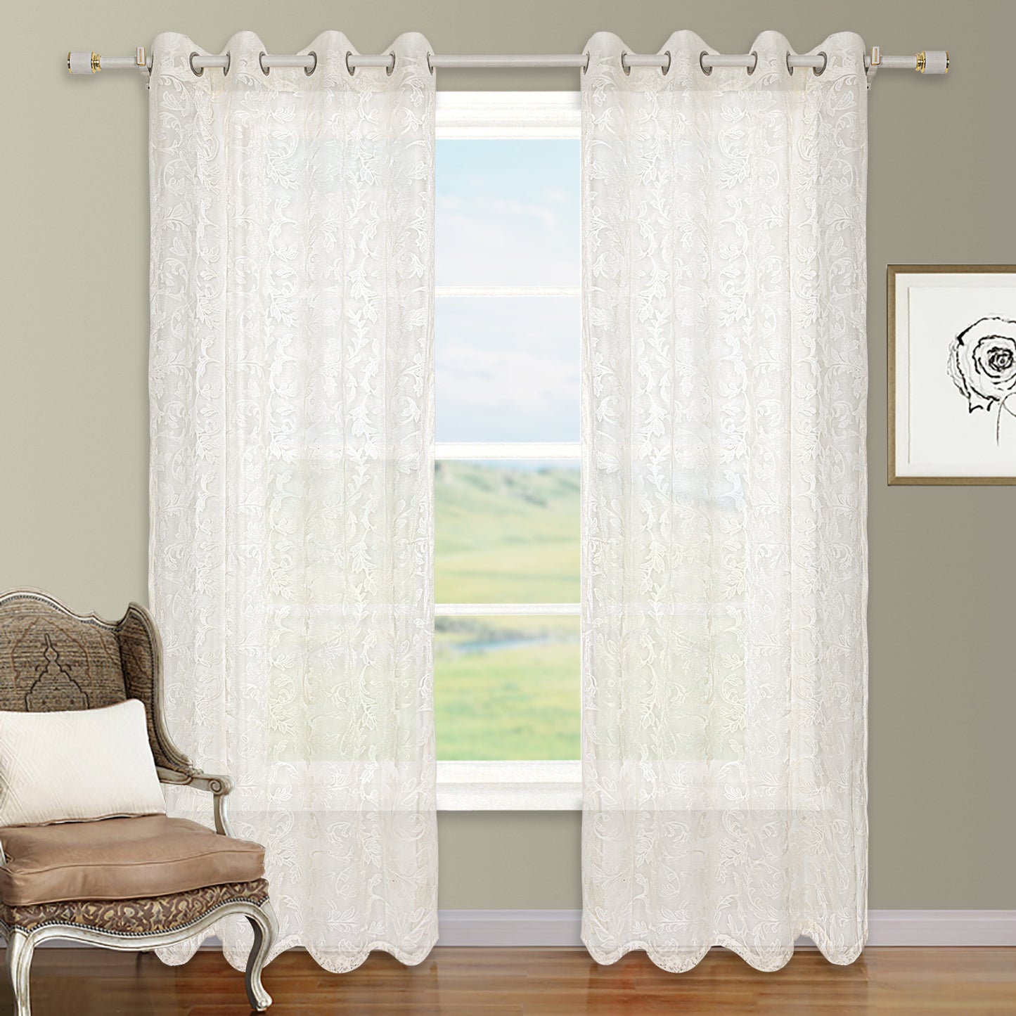 Rideau en toile imprimée motifs fleuris. Curtain Grid Curled Flower Print Window Curtain Screen