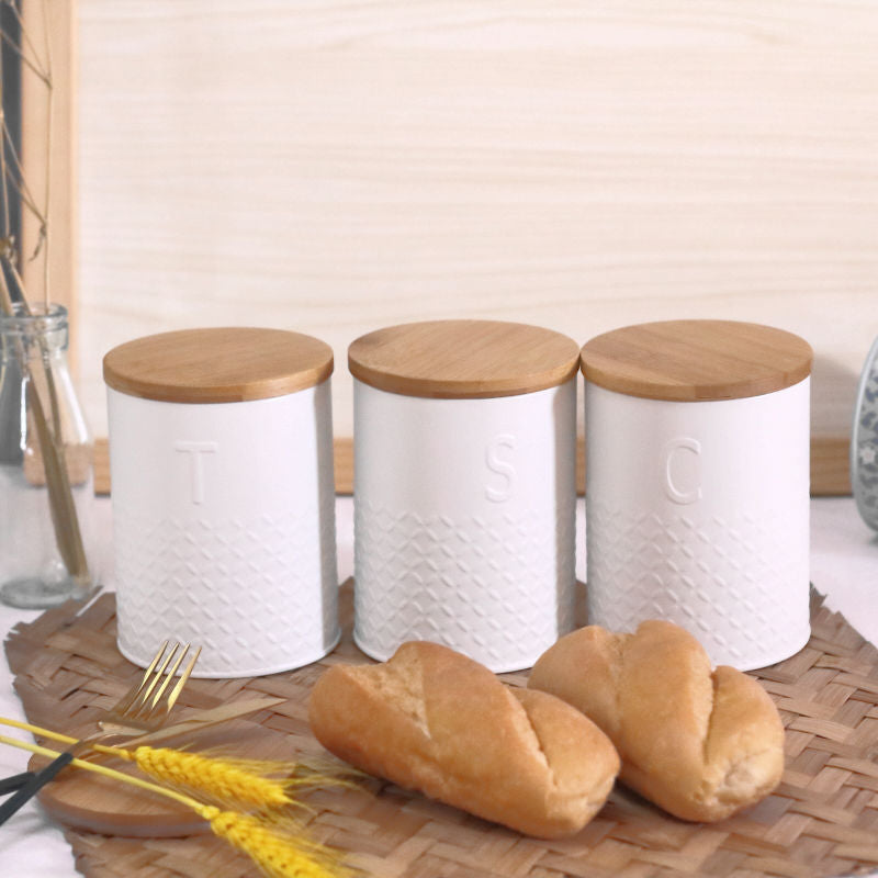 Boite de rangement pour condiments en Bambou. Bamboo Lid Round Can Kitchen Snack Candy Storage Box.