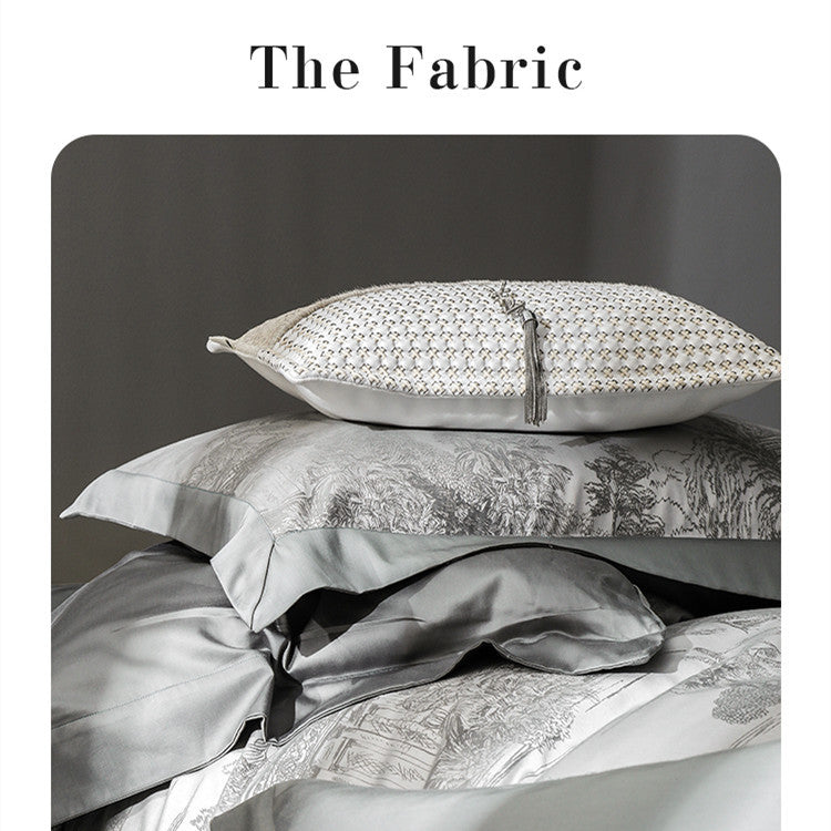 Parure de lit de qualité supérieure en jacquard gris, 4 pièces.