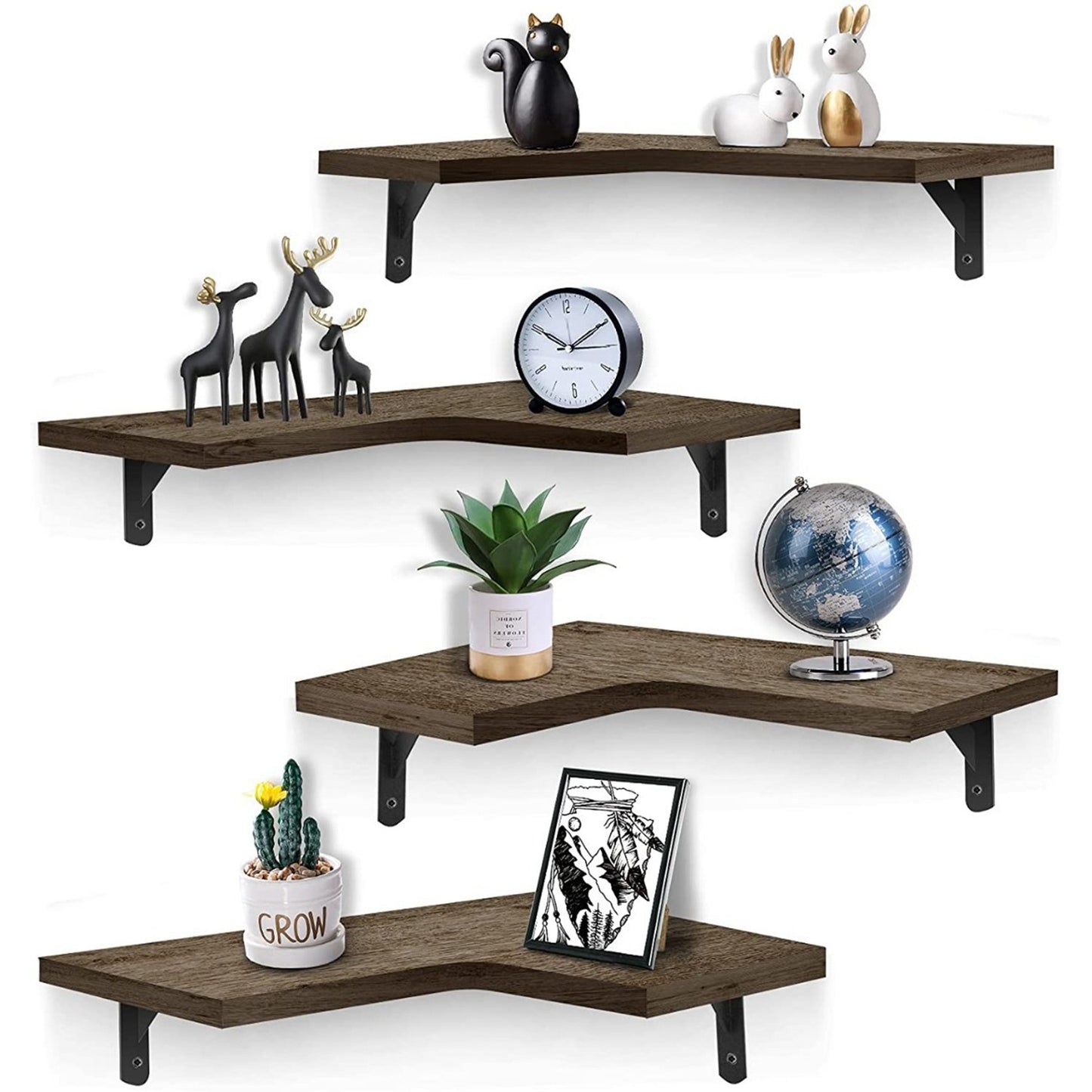 Set of 4 floating corner wall shelves in wood and metal.