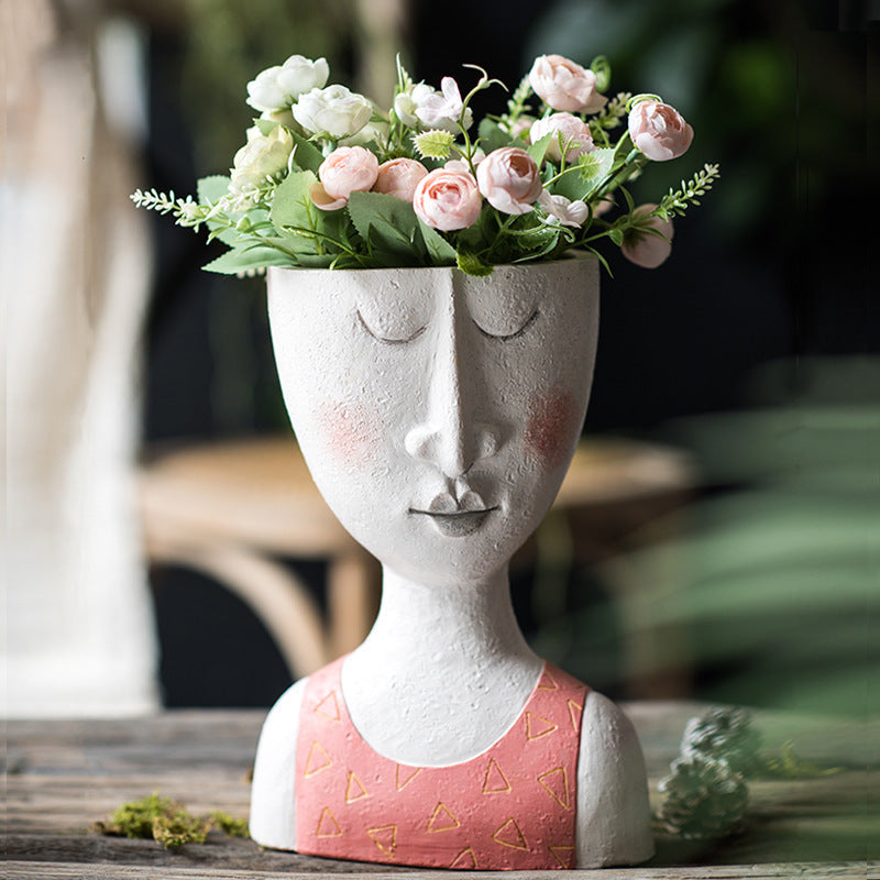 Vase en résine, visage portrait pour intérieur ou extérieur. Portrait Flower Pot Vase Sculpture Resin Human Face.