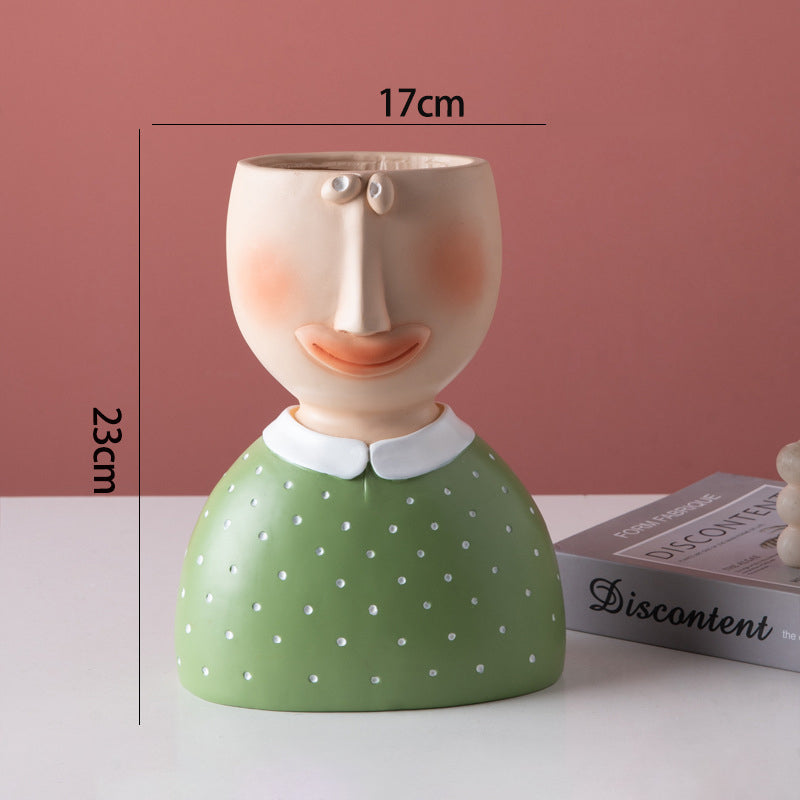 Vase en résine, visage portrait pour intérieur ou extérieur. Portrait Flower Pot Vase Sculpture Resin Human Face.