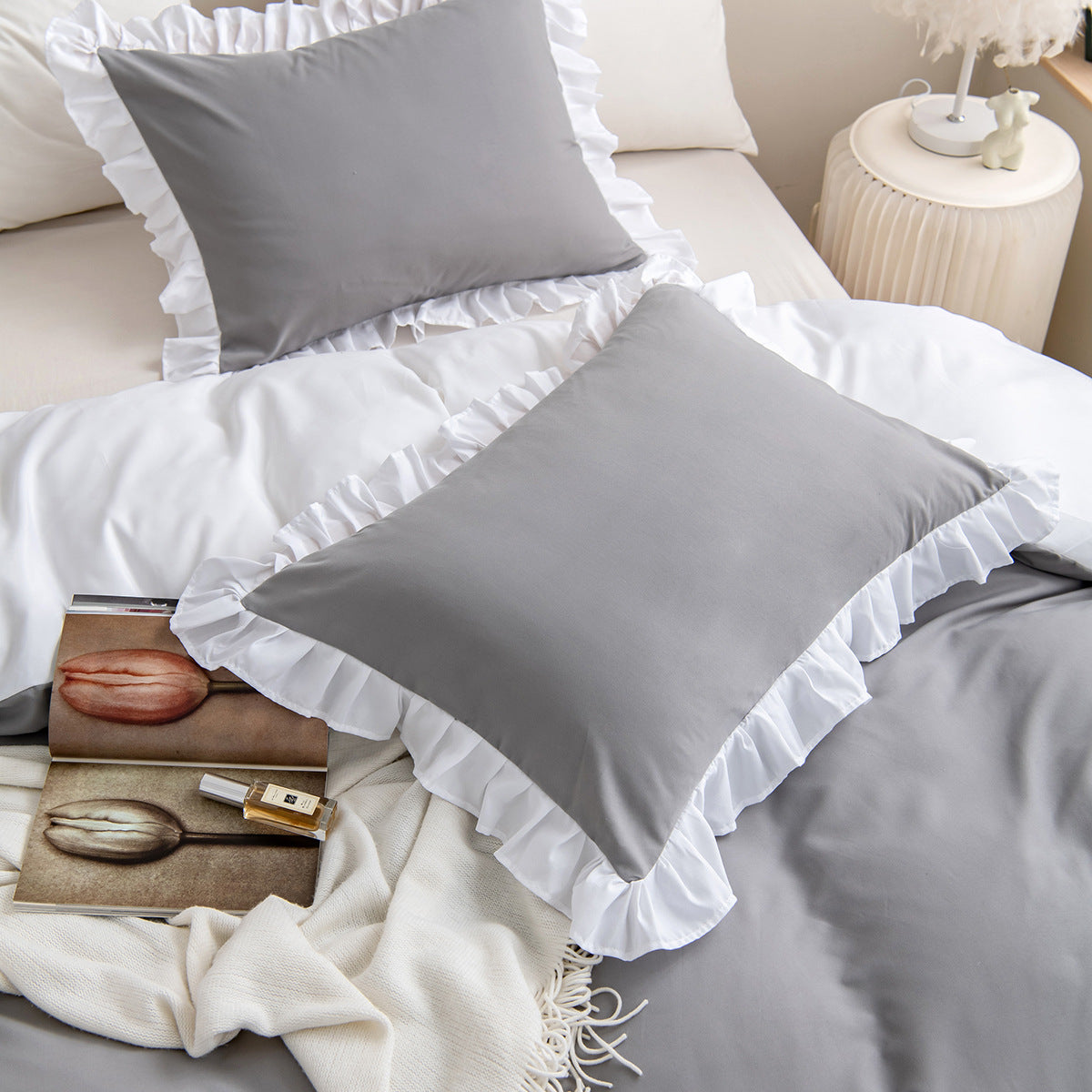 Parure de lit 3 pièces à frange. 3Pcs Ruffle Duvet Cover Gray Pillowcase Bedding Set