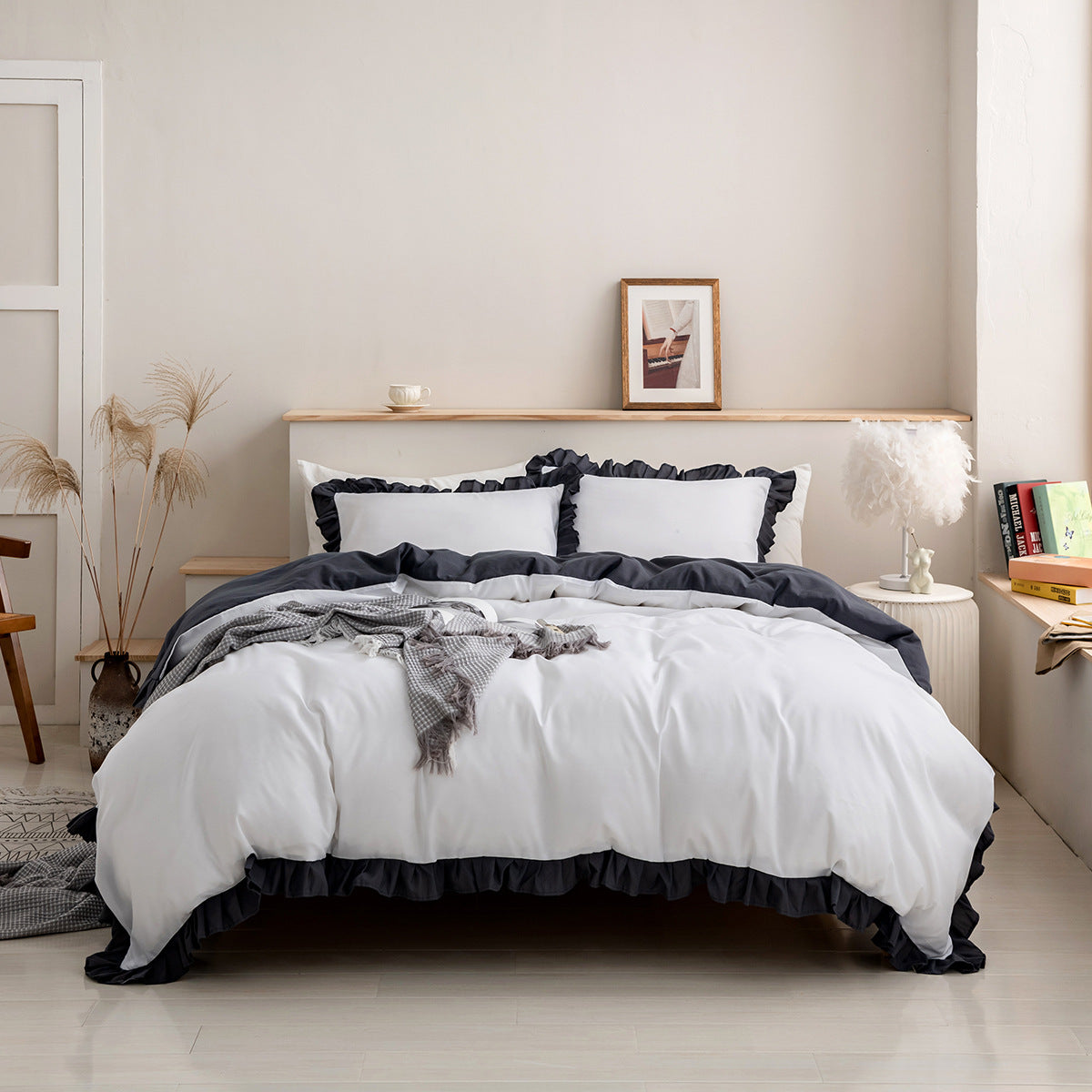 Parure de lit 3 pièces à frange. 3Pcs Ruffle Duvet Cover Gray Pillowcase Bedding Set