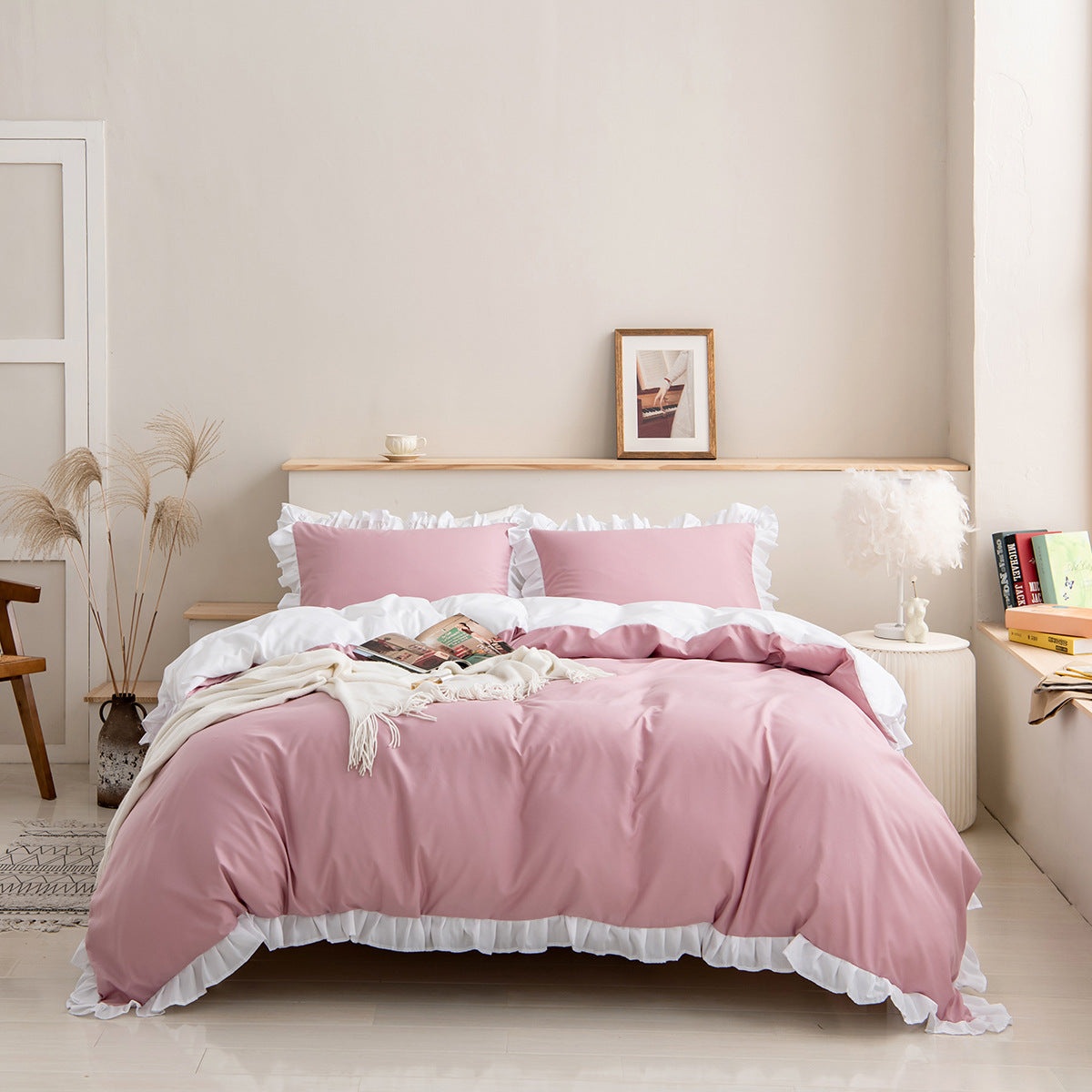 Parure de lit 3 pièces à frange. 3Pcs Ruffle Duvet Cover Gray Pillowcase Bedding Set